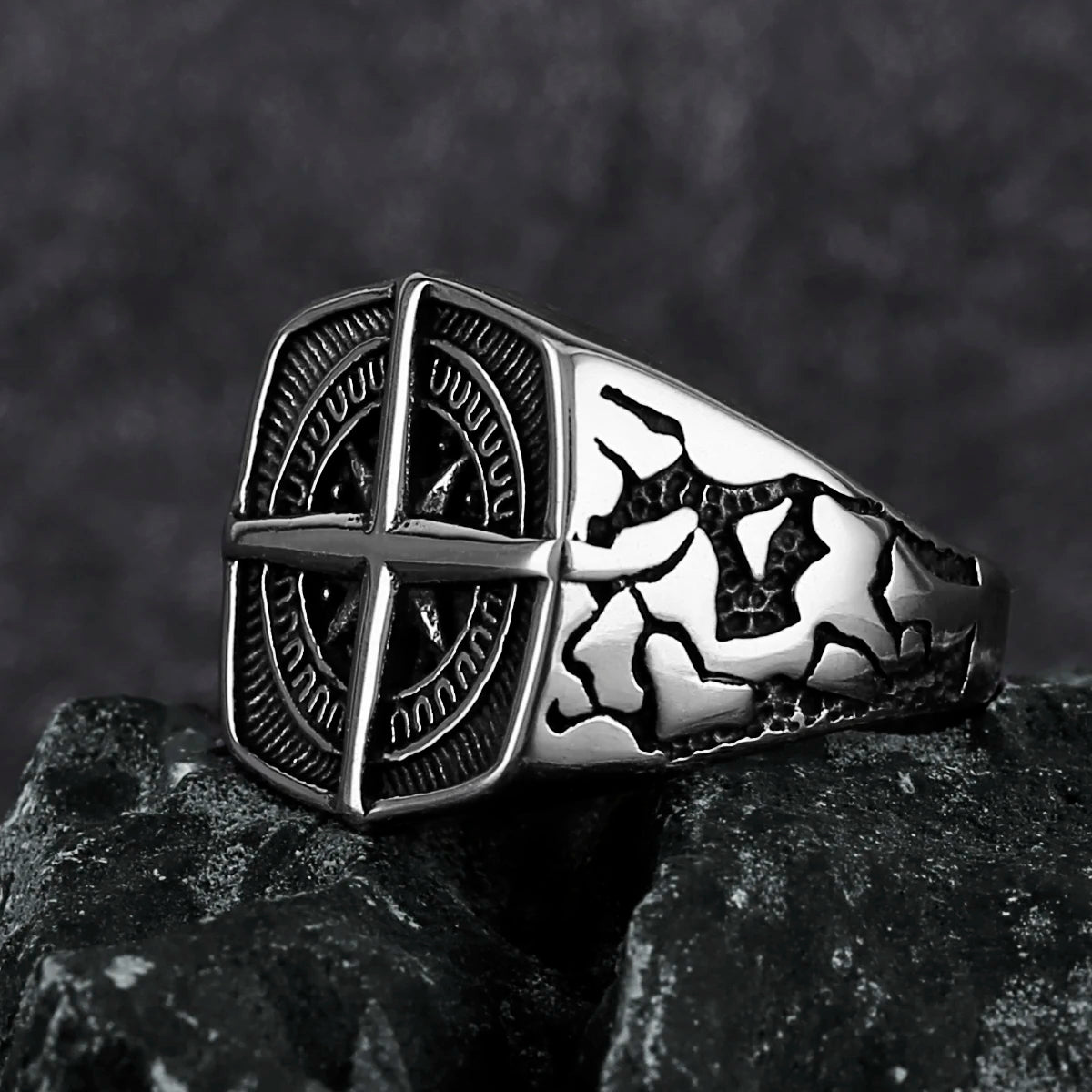 Vikings Cross Nautical Chart Amulet Ring Men's Stainless Steel Nordic Rune Ring Gift Biker Punk Hip Hop Jewelry