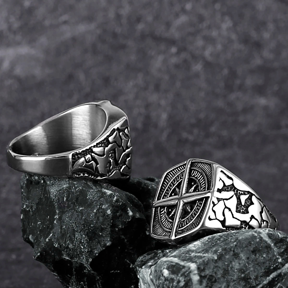 Vikings Cross Nautical Chart Amulet Ring Men's Stainless Steel Nordic Rune Ring Gift Biker Punk Hip Hop Jewelry