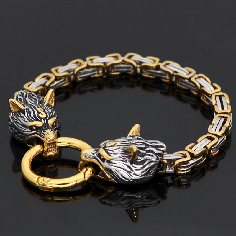 Viking Wolf Head Thick Chain Bracelet Men's Biker Punk Hip Hop Stainless Steel Mixed Gold Color Wristband Jewelry Gift