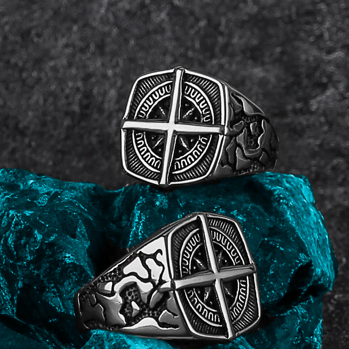 Vikings Cross Nautical Chart Amulet Ring Men's Stainless Steel Nordic Rune Ring Gift Biker Punk Hip Hop Jewelry