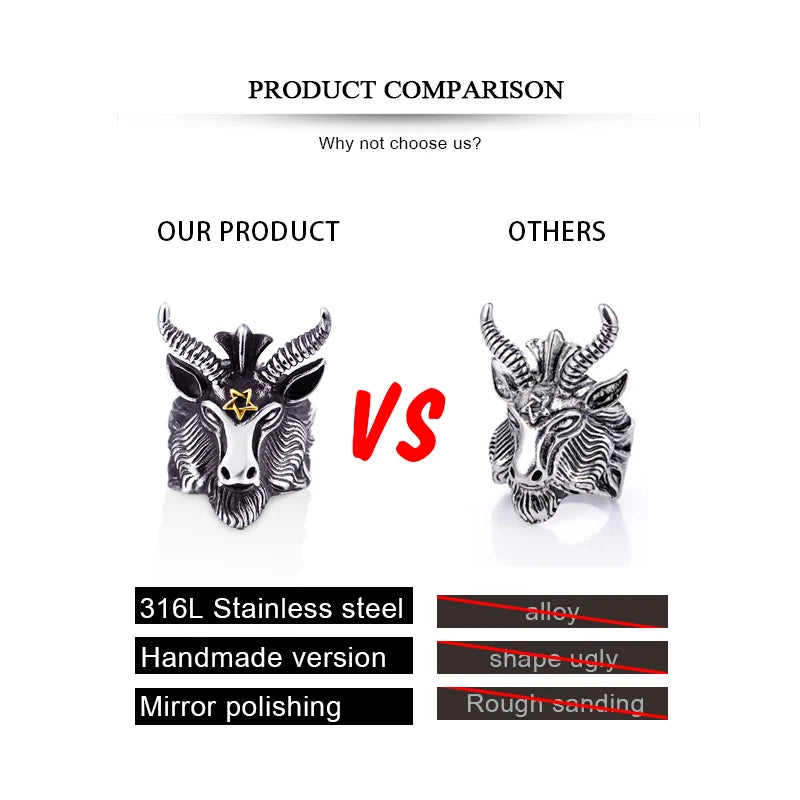 BEIER Vintage Stainless Steel Satan sign pentagram big goat head Ring Biker Punk Animal Jewelry for men BR8-182