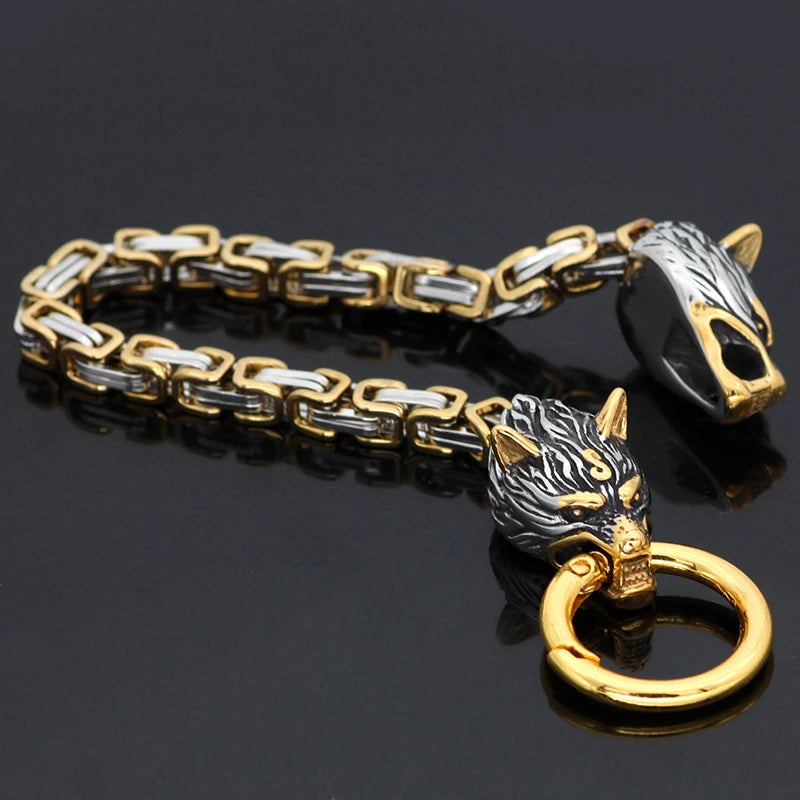 Viking Wolf Head Thick Chain Bracelet Men's Biker Punk Hip Hop Stainless Steel Mixed Gold Color Wristband Jewelry Gift