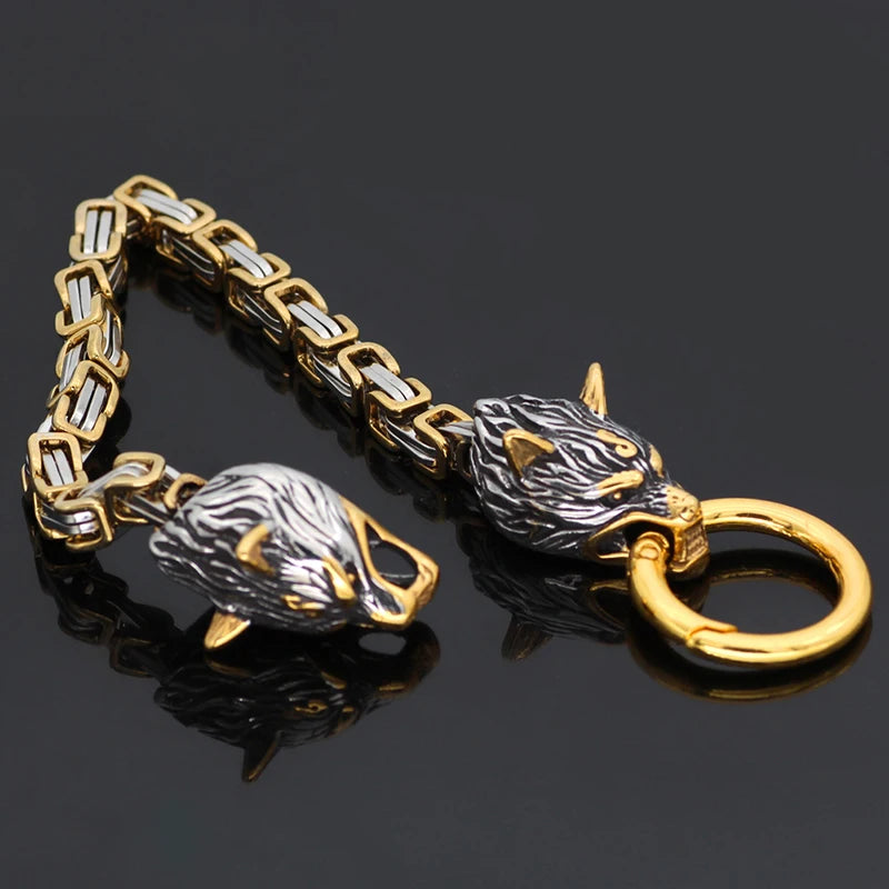 Viking Wolf Head Thick Chain Bracelet Men's Biker Punk Hip Hop Stainless Steel Mixed Gold Color Wristband Jewelry Gift
