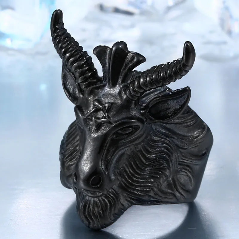 BEIER Vintage Stainless Steel Satan sign pentagram big goat head Ring Biker Punk Animal Jewelry for men BR8-182