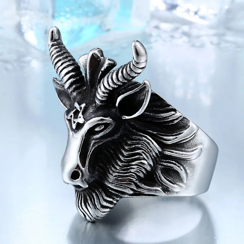 BEIER Vintage Stainless Steel Satan sign pentagram big goat head Ring Biker Punk Animal Jewelry for men BR8-182