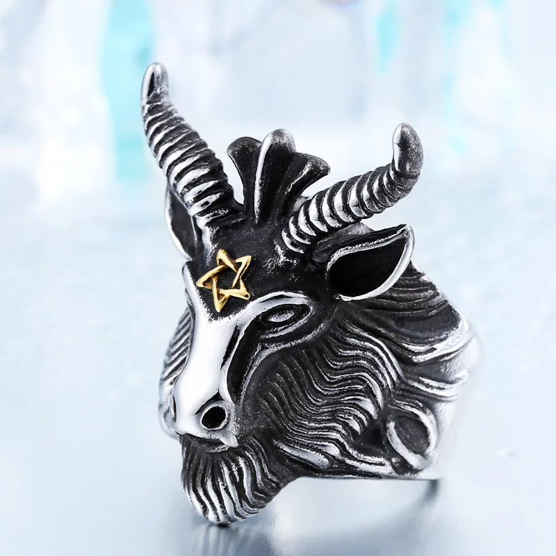 BEIER Vintage Stainless Steel Satan sign pentagram big goat head Ring Biker Punk Animal Jewelry for men BR8-182