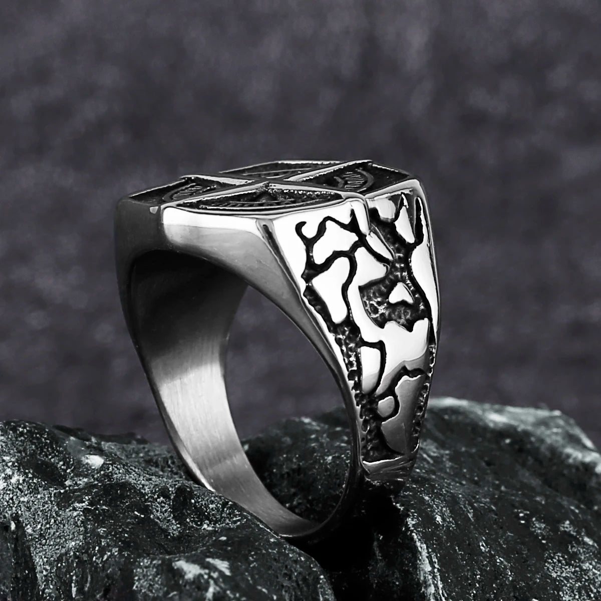 Vikings Cross Nautical Chart Amulet Ring Men's Stainless Steel Nordic Rune Ring Gift Biker Punk Hip Hop Jewelry
