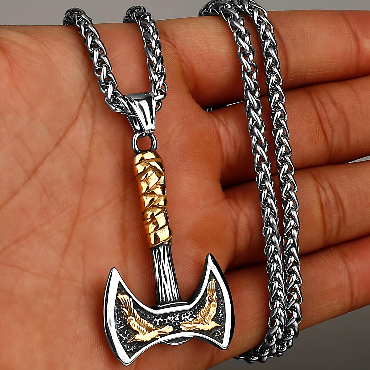 Stainless Steel Viking Axe Pendant Necklace Men's Celtic Valknut Imitation Weapon Mixed Gold Color Jewelry Gift for Boyfriend