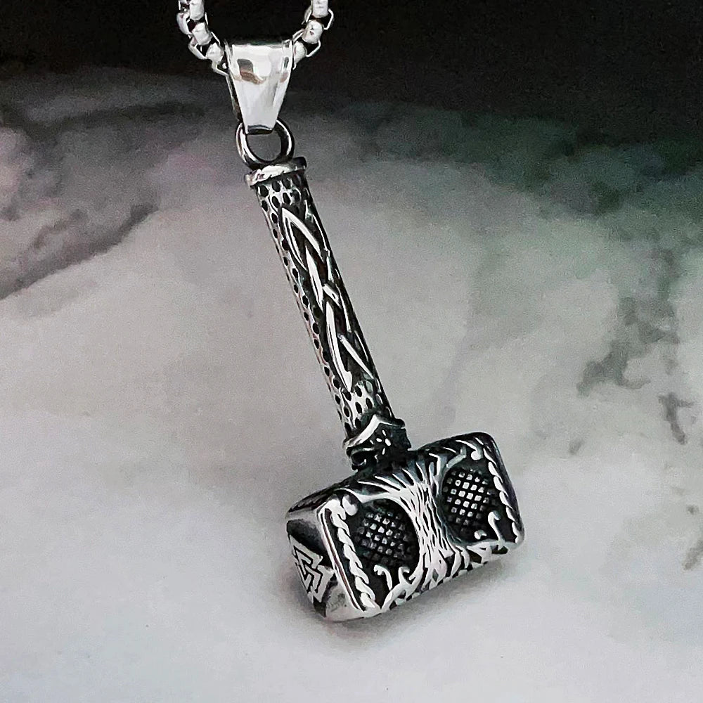 Nordic Odin Valknut Thor's Hammer Pendant Necklace Men Vintage Stainless Steel Viking Tree of Life Necklace Chain Amulet Jewelry