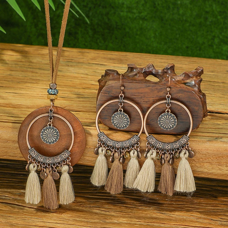 Vintage Ethnic Wooden Tassel Women's Jewelry Sets Bohemian Long Sweater Chain Holiday Daily Pendant Necklace Drop Earrings Gift