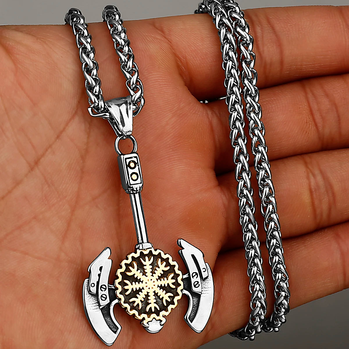 Stainless Steel Viking Axe Pendant Necklace Men's Celtic Valknut Imitation Weapon Mixed Gold Color Jewelry Gift for Boyfriend