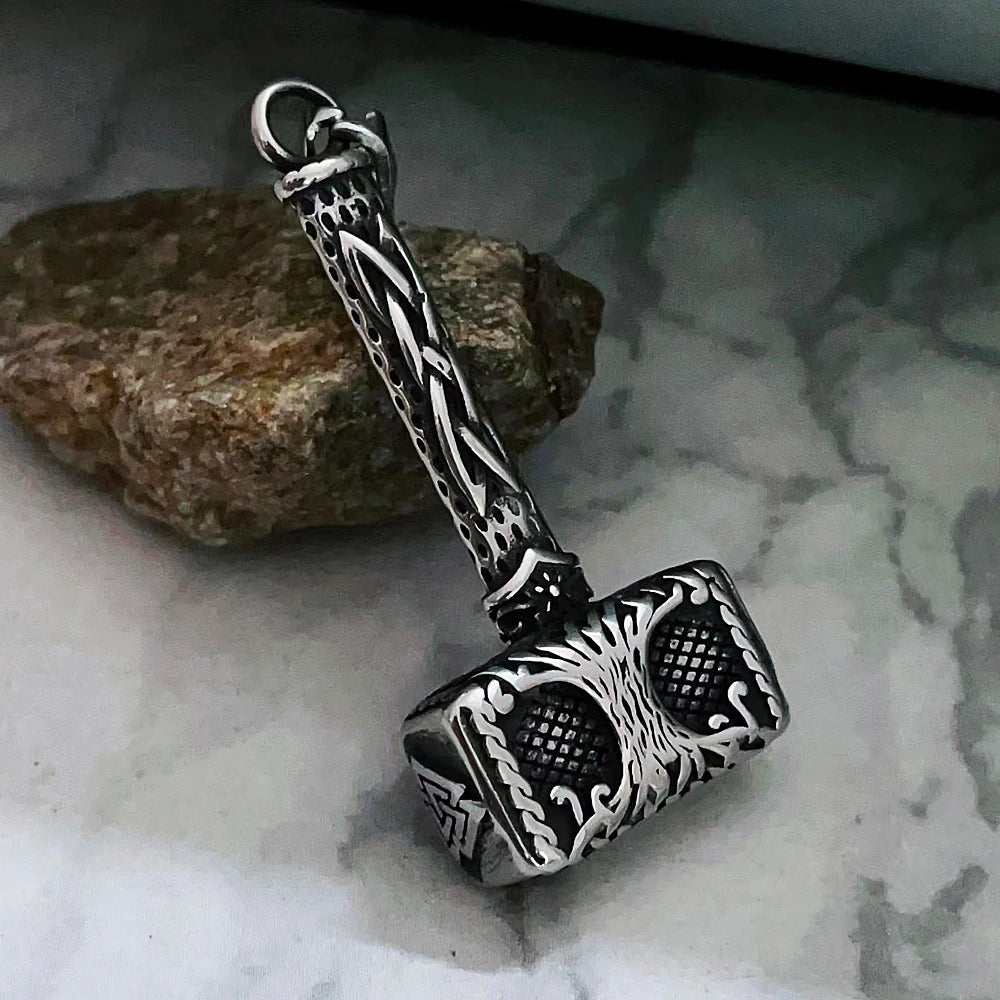 Nordic Odin Valknut Thor's Hammer Pendant Necklace Men Vintage Stainless Steel Viking Tree of Life Necklace Chain Amulet Jewelry