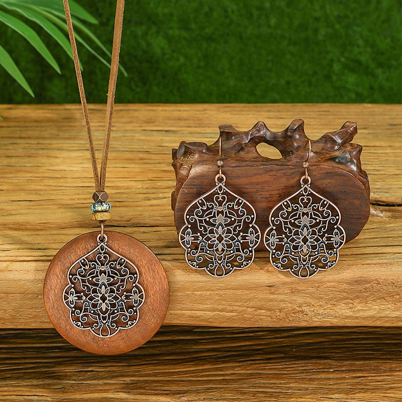 Vintage Ethnic Wooden Tassel Women's Jewelry Sets Bohemian Long Sweater Chain Holiday Daily Pendant Necklace Drop Earrings Gift