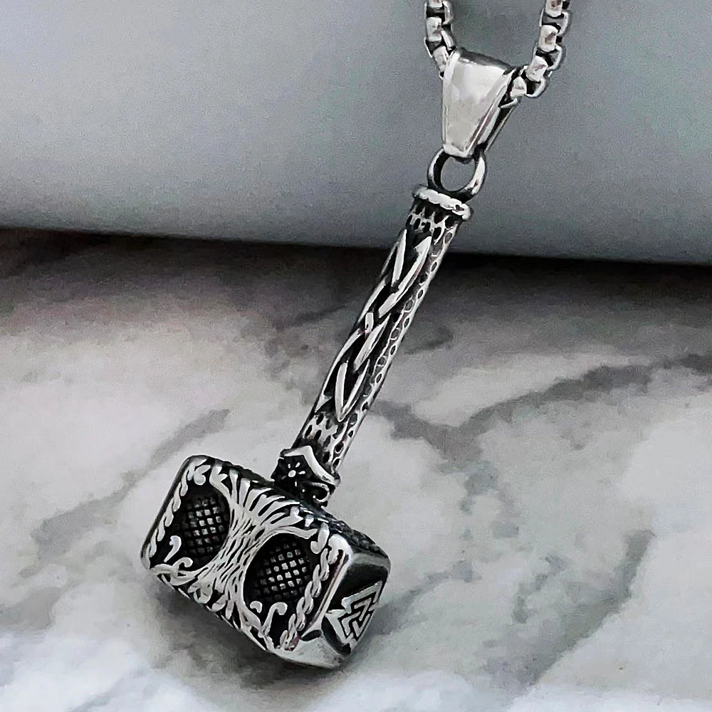 Nordic Odin Valknut Thor's Hammer Pendant Necklace Men Vintage Stainless Steel Viking Tree of Life Necklace Chain Amulet Jewelry