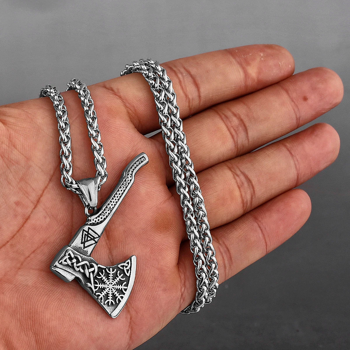 Stainless Steel Viking Axe Pendant Necklace Men's Celtic Valknut Imitation Weapon Mixed Gold Color Jewelry Gift for Boyfriend