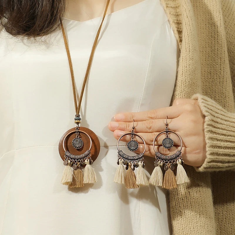 Vintage Ethnic Wooden Tassel Women's Jewelry Sets Bohemian Long Sweater Chain Holiday Daily Pendant Necklace Drop Earrings Gift