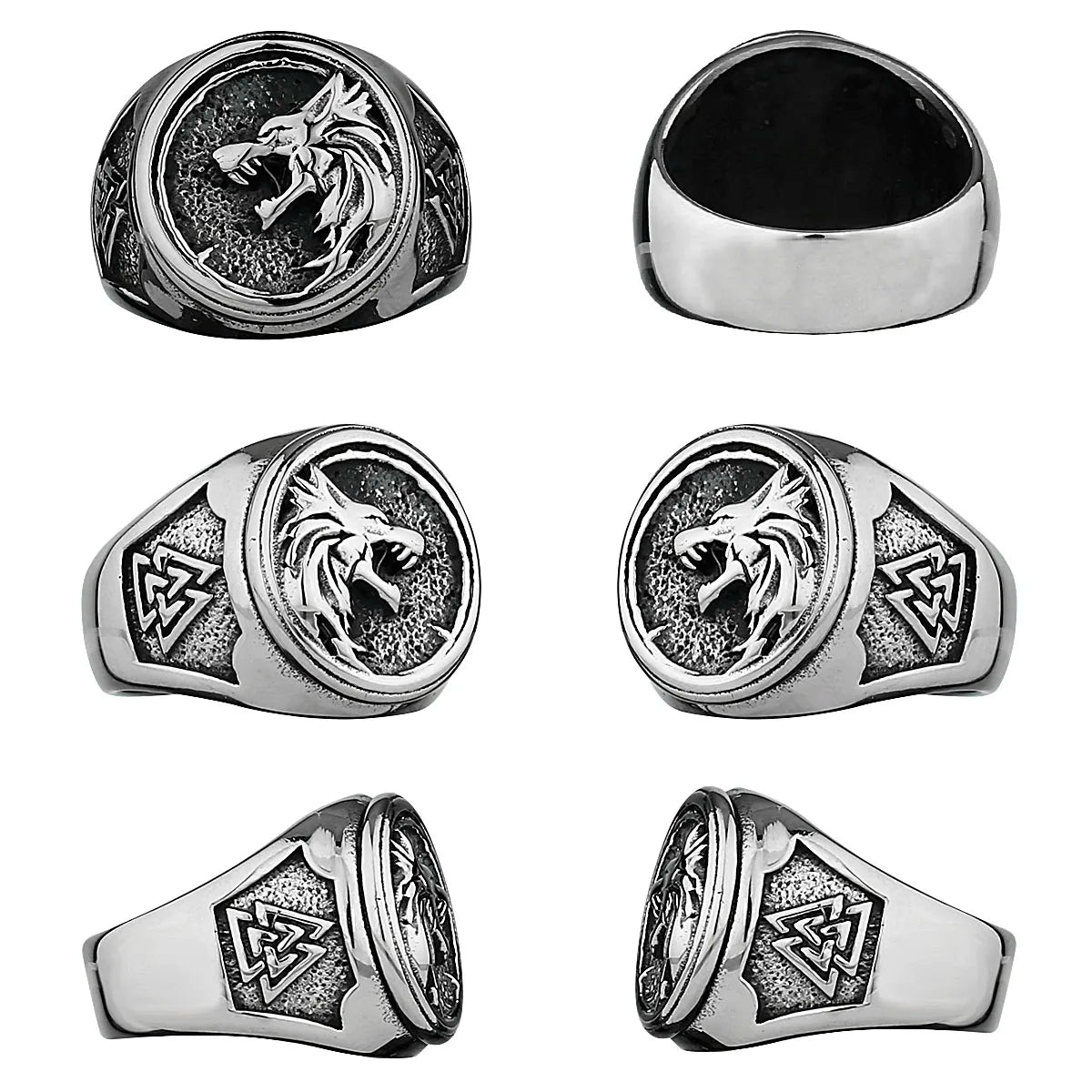Viking Valknut Rune Wolf Head Ring Men's Fashion Personality Animal Stainless Steel Finger Ring Biker Party Club Jewelry Gift