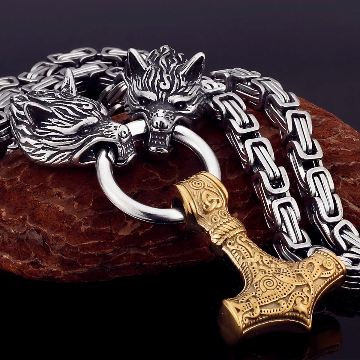 Nordic Celtic Men's Necklace Pendant Viking Wolf Head Stainless Steel Scandinavian Rune Amulet Domineering Biker Jewelry