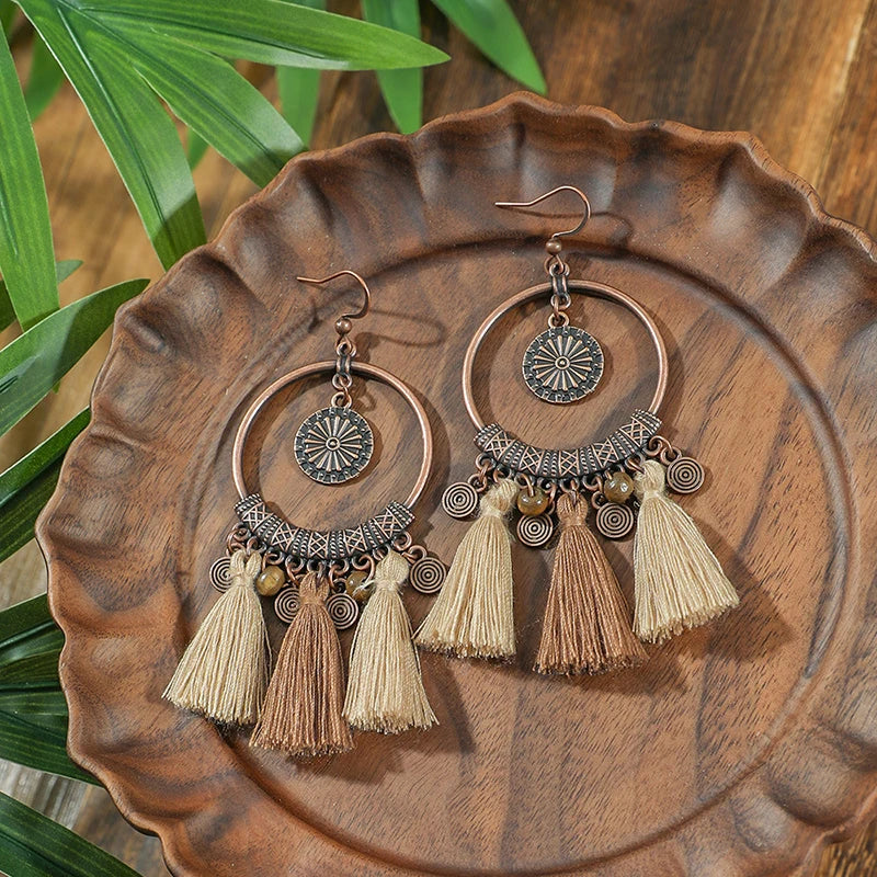 Vintage Ethnic Wooden Tassel Women's Jewelry Sets Bohemian Long Sweater Chain Holiday Daily Pendant Necklace Drop Earrings Gift