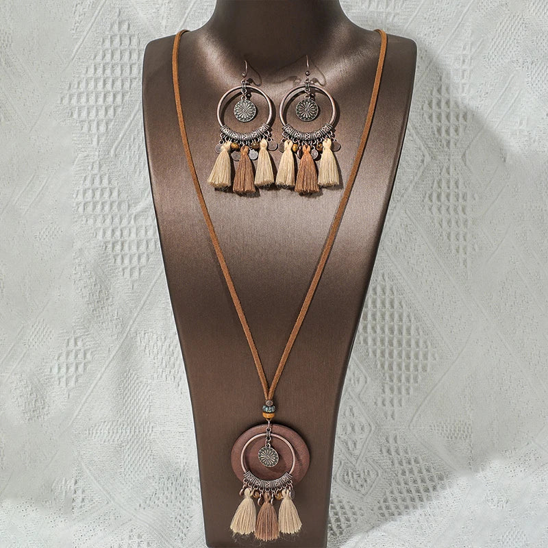 Vintage Ethnic Wooden Tassel Women's Jewelry Sets Bohemian Long Sweater Chain Holiday Daily Pendant Necklace Drop Earrings Gift