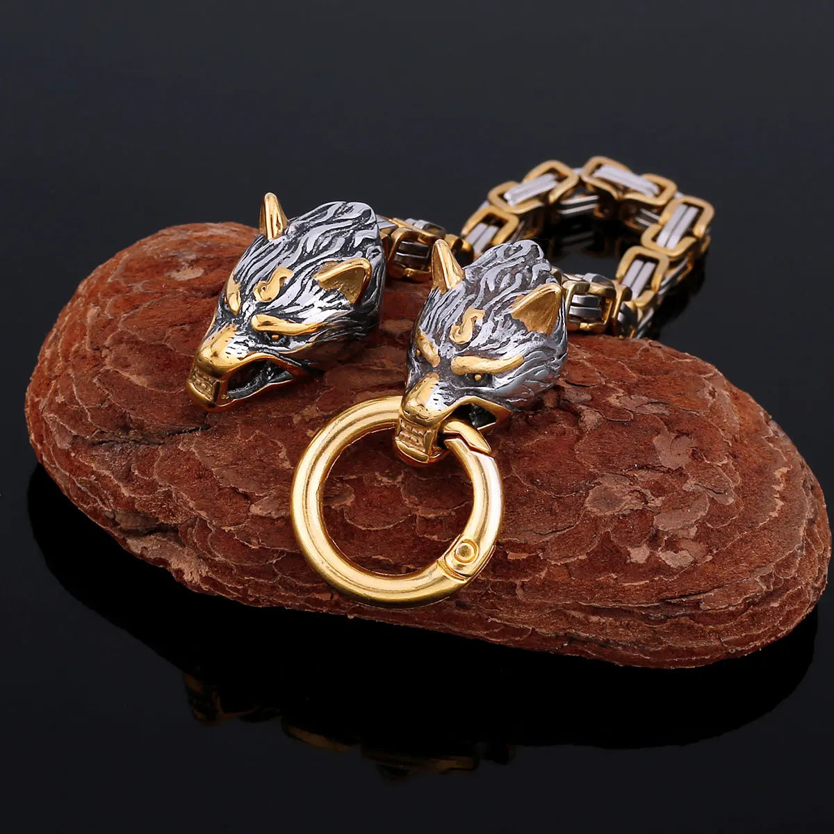Viking Wolf Head Thick Chain Bracelet Men's Biker Punk Hip Hop Stainless Steel Mixed Gold Color Wristband Jewelry Gift