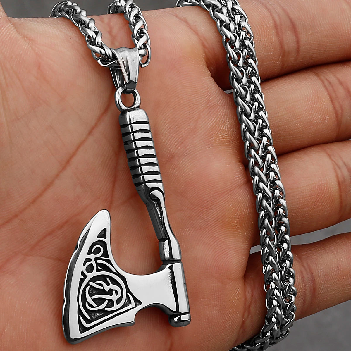 Stainless Steel Viking Axe Pendant Necklace Men's Celtic Valknut Imitation Weapon Mixed Gold Color Jewelry Gift for Boyfriend