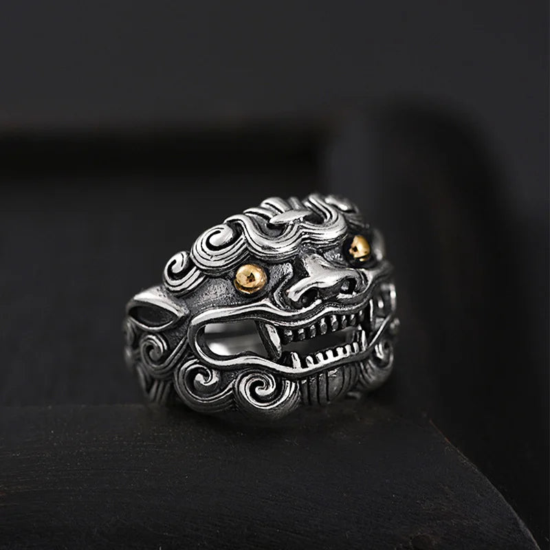 Bague Gardien Tang au yeux d'or inspirée de la mythologie chinoise