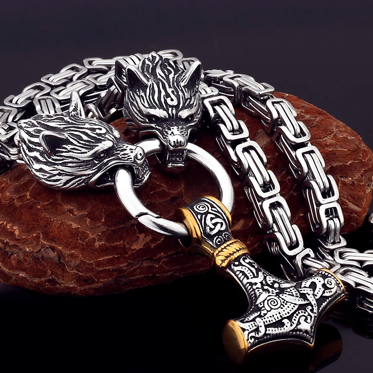 Nordic Celtic Men's Necklace Pendant Viking Wolf Head Stainless Steel Scandinavian Rune Amulet Domineering Biker Jewelry