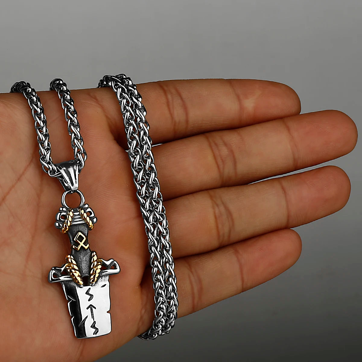 Stainless Steel Viking Axe Pendant Necklace Men's Celtic Valknut Imitation Weapon Mixed Gold Color Jewelry Gift for Boyfriend