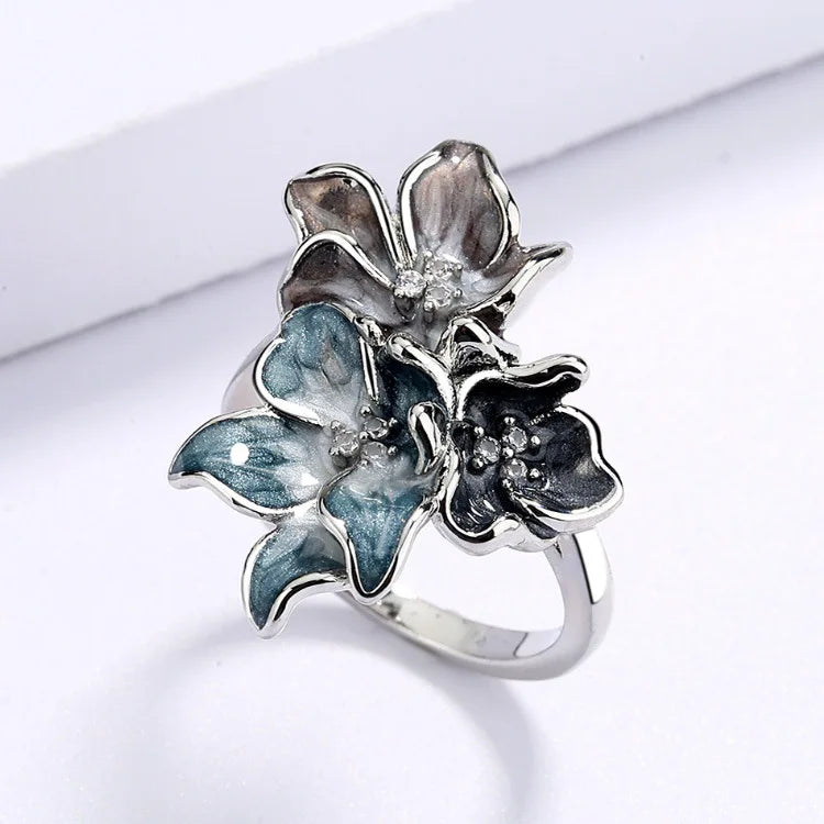 Set Bijoux Fleurs bleu Bague/Boucle d'oreilles/Pendentif Fait main