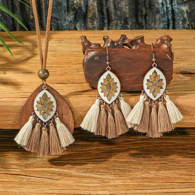 Vintage Ethnic Wooden Tassel Women's Jewelry Sets Bohemian Long Sweater Chain Holiday Daily Pendant Necklace Drop Earrings Gift