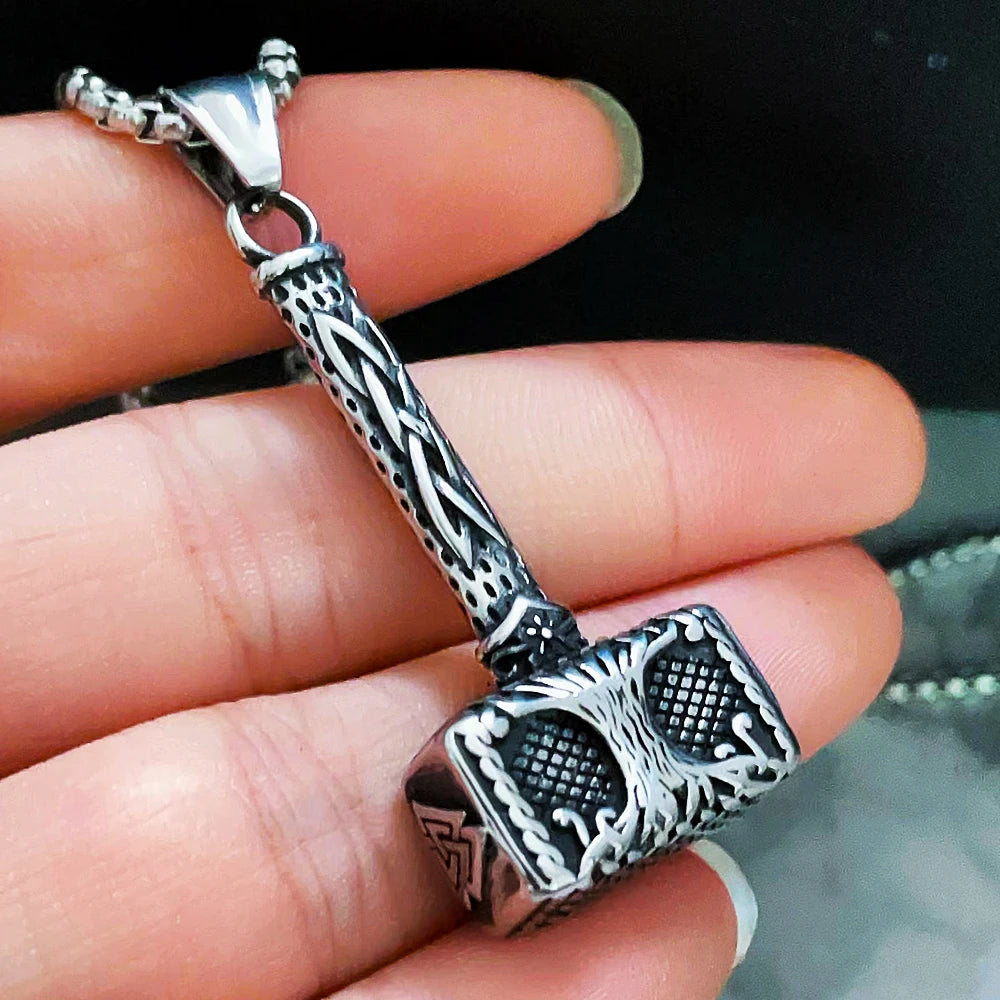 Nordic Odin Valknut Thor's Hammer Pendant Necklace Men Vintage Stainless Steel Viking Tree of Life Necklace Chain Amulet Jewelry