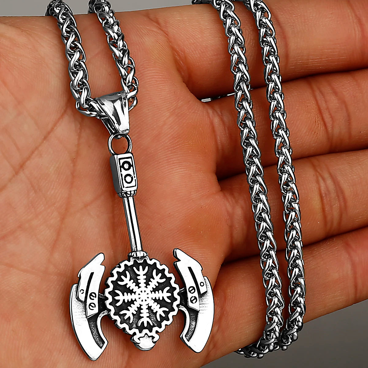 Stainless Steel Viking Axe Pendant Necklace Men's Celtic Valknut Imitation Weapon Mixed Gold Color Jewelry Gift for Boyfriend