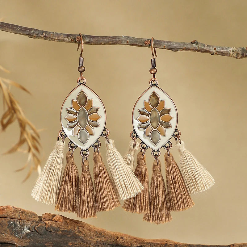 Vintage Ethnic Wooden Tassel Women's Jewelry Sets Bohemian Long Sweater Chain Holiday Daily Pendant Necklace Drop Earrings Gift