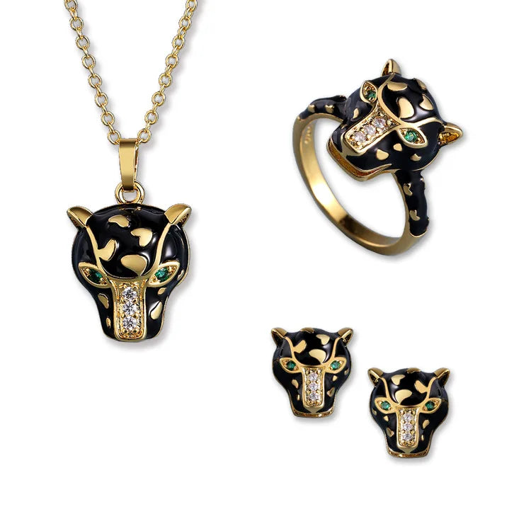 Set Bijoux Panthère Noire – Regard d'Émeraude Bague/boucle d'oreilles/Pendentif
