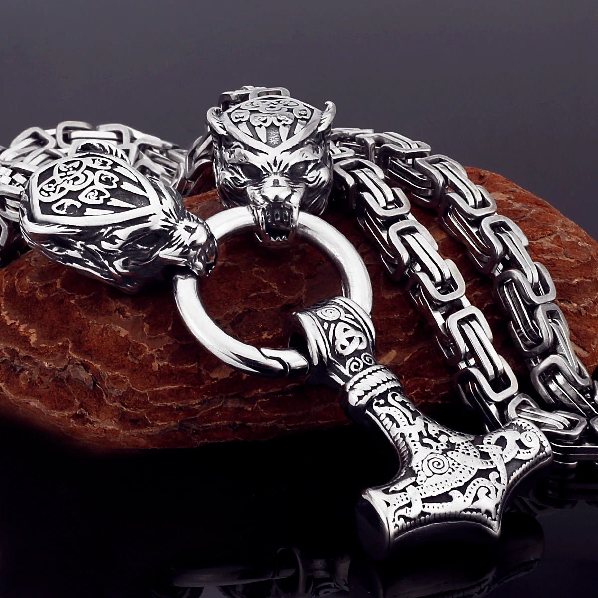 Nordic Celtic Men's Necklace Pendant Viking Wolf Head Stainless Steel Scandinavian Rune Amulet Domineering Biker Jewelry