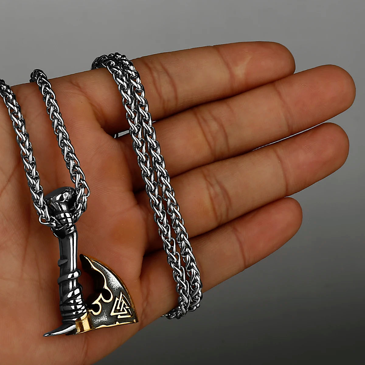 Stainless Steel Viking Axe Pendant Necklace Men's Celtic Valknut Imitation Weapon Mixed Gold Color Jewelry Gift for Boyfriend