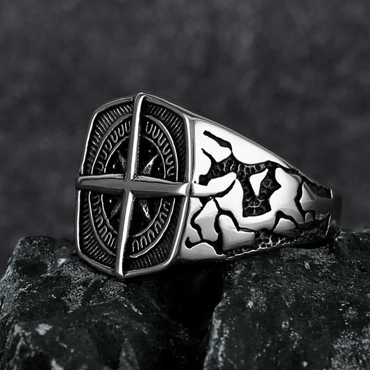 Vikings Cross Nautical Chart Amulet Ring Men's Stainless Steel Nordic Rune Ring Gift Biker Punk Hip Hop Jewelry