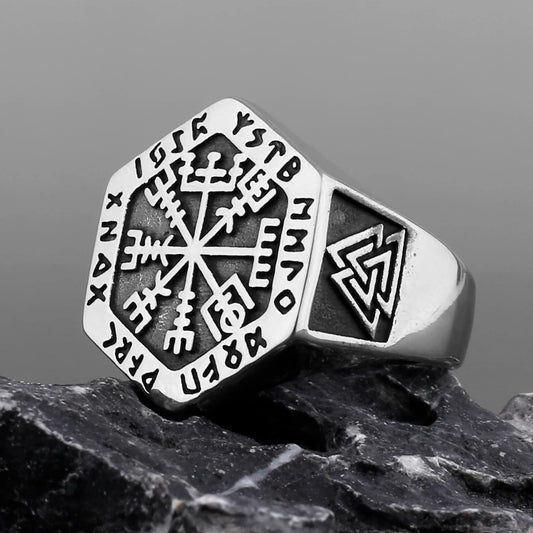 Stainless Steel Viking Compass Runic Rings Men Vintage Black Gun Plated Color Nordic Viking Totem Odin Rings Jewelry Gift