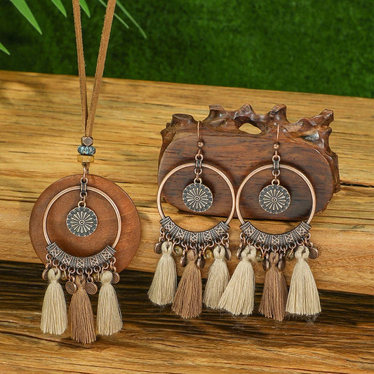 Vintage Ethnic Wooden Tassel Women's Jewelry Sets Bohemian Long Sweater Chain Holiday Daily Pendant Necklace Drop Earrings Gift
