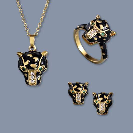 Set Bijoux Panthère Noire – Regard d'Émeraude  Bague/boucle d'oreilles/Pendentif