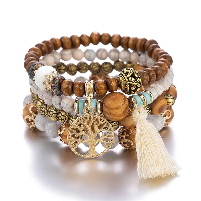 Ensemble de 4 bracelets éthique  en bois avec charme "arbre de vie"