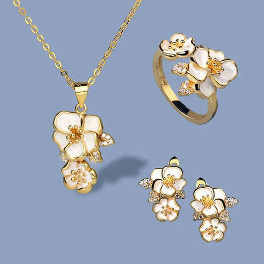 Set Bijoux Fleurs de Jasmin Bague/Boucle d'oreilles/Pendentif