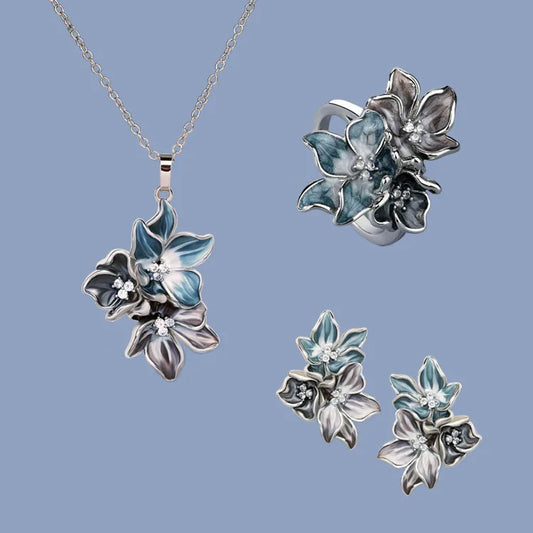 Set Bijoux Fleurs bleu Bague/Boucle d'oreilles/Pendentif Fait main