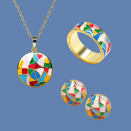 Set Bijoux Patchwork de couleur , Bague/Boucle d'oreille/ Pendentif fait main