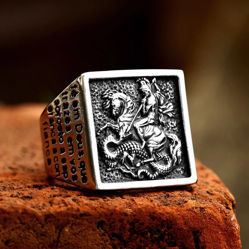 BEIER 2023 New Special Design St.George Ring Rectangular Ring Vintage Stainless Steel Jewelry For Men Dropshipping