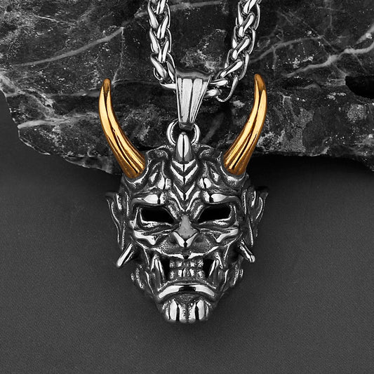 Vintage Samurai Mask Demon Skull Pendant Necklace Men's Mixed Gold Color Horn Accessories Biker Punk Hip Hop Necklace