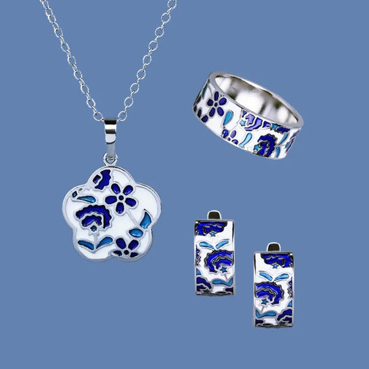 Set bijoux retro floral Bague/Boucle d'oreilles/Pendentif fait main
