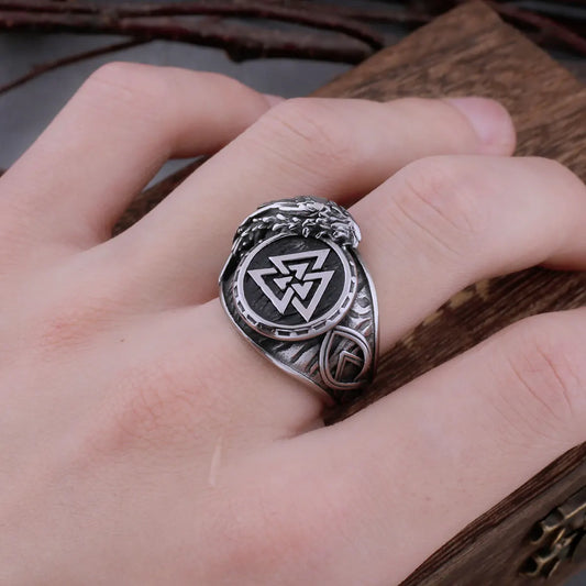 Bague Viking Corbeau et rune nordique