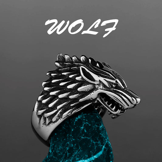 Viking Domineering Wolf Head Ring Men's Fashion Personality Creative Nordic Stainless Steel Ring Jewelry Gift for Boyfriend
